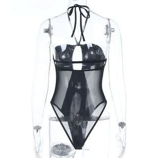 Hollow out mesh patchwork halter bodysuit