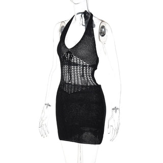 Halter hollow out self tie backless cut out mini dress