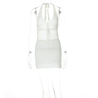 Halter hollow out self tie backless cut out mini dress