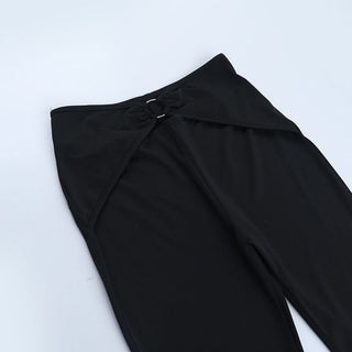 Hollow out o ring solid self tie pant set