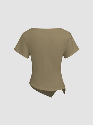 Cotton-blend Boat Neck Ruched Asymmetrical Hem Tee
