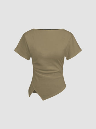 Cotton-blend Boat Neck Ruched Asymmetrical Hem Tee