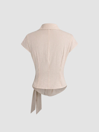 Cotton-blend Polo Neck Stripe Knotted Blouse