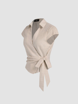 Cotton-blend Polo Neck Stripe Knotted Blouse
