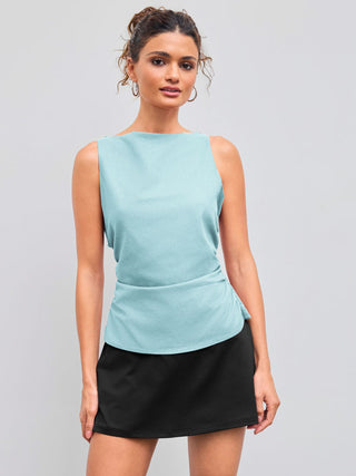 Linen-blend Boat Neckline Solid Bowknot Tank Top