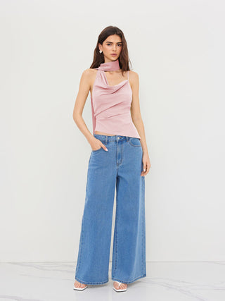 Halter Neckline Ruched Cami Top With Scarf