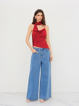 Halter Neckline Ruched Cami Top With Scarf