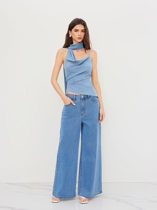 Halter Neckline Ruched Cami Top With Scarf