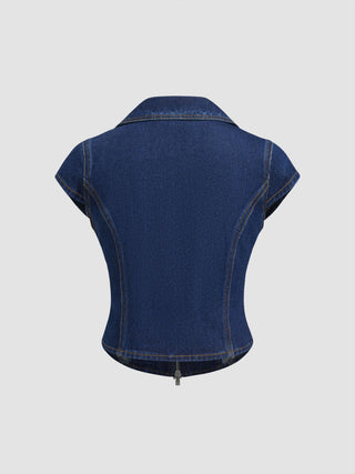 Denim Polo Neck Zip Through Blouse