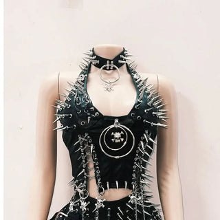 Rivet halter PU leather skull applique leg warmer top