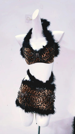 Leopard print spider applique fluffy mini skirt set