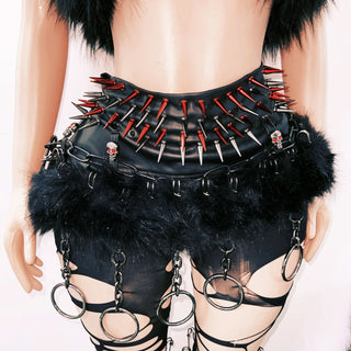 Skull applique fluffy rivet o ring leg warmer top