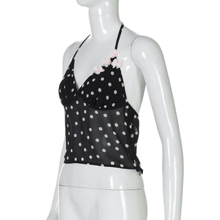 V neck halter backless polka dot top