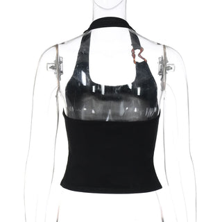 U neck metal applique backless top