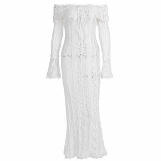 Long flared sleeve off shoulder lace self tie maxi dress