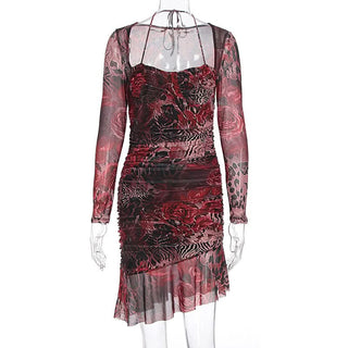 Long sleeve contrast mesh ruffle mini dress