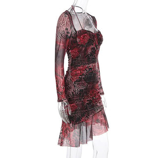 Long sleeve contrast mesh ruffle mini dress