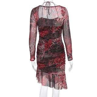 Long sleeve contrast mesh ruffle mini dress