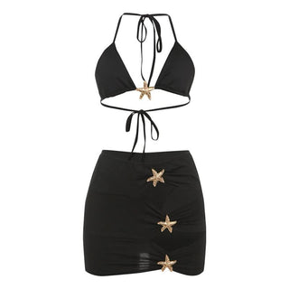 Self tie halter hollow out starfish applique mini skirt set