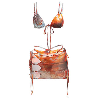 Hollow out print self tie mesh mini skirt set