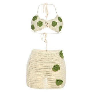Halter self tie flower applique mini skirt set