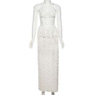 Ruched self tie halter ruffle maxi skirt set