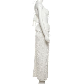 Ruched self tie halter ruffle maxi skirt set