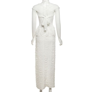 Ruched self tie halter ruffle maxi skirt set