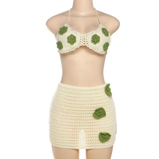 Halter self tie flower applique mini skirt set