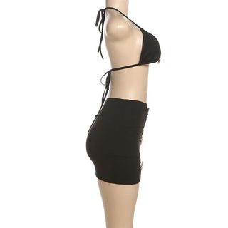 Self tie halter hollow out starfish applique mini skirt set