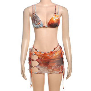 Hollow out print self tie mesh mini skirt set