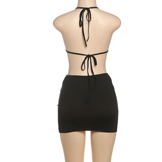 Self tie halter hollow out starfish applique mini skirt set