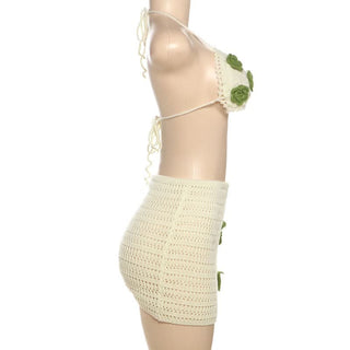 Halter self tie flower applique mini skirt set