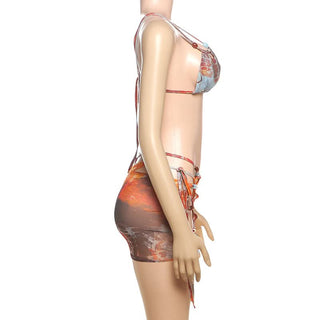 Hollow out print self tie mesh mini skirt set