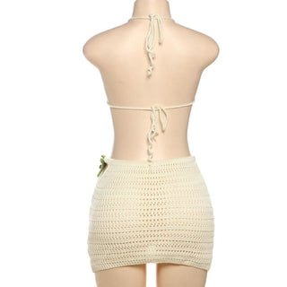 Halter self tie flower applique mini skirt set