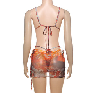 Hollow out print self tie mesh mini skirt set