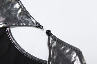 Metallic button crewneck backless romper