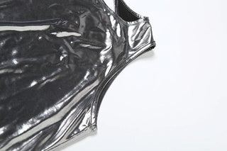 Metallic button crewneck backless romper