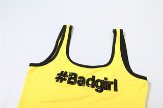 U neck "#Badgirl" pattern glitter contrast top