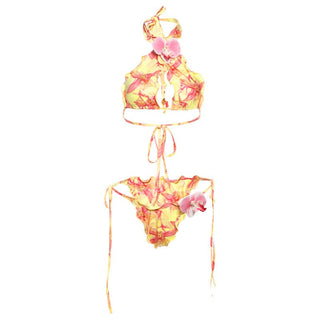 Halter self tie print flower applique pant set