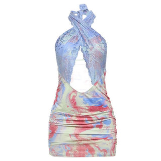 Lace hem hollow out halter ruched cut out mini dress