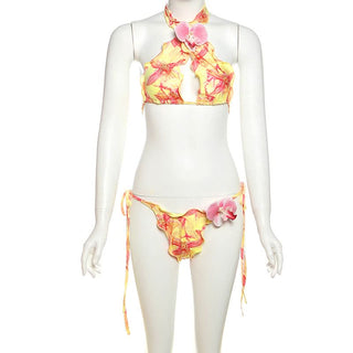 Halter self tie print flower applique pant set