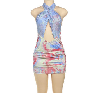 Lace hem hollow out halter ruched cut out mini dress