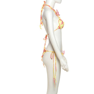 Halter self tie print flower applique pant set