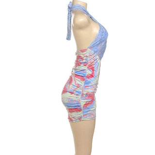 Lace hem hollow out halter ruched cut out mini dress