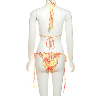 Halter self tie print flower applique pant set