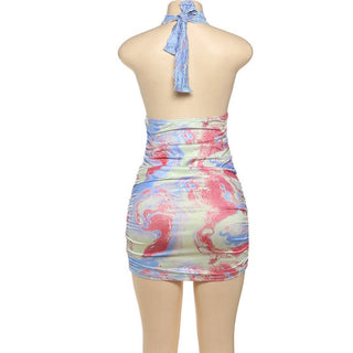 Lace hem hollow out halter ruched cut out mini dress