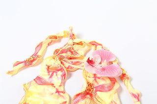 Halter self tie print flower applique pant set