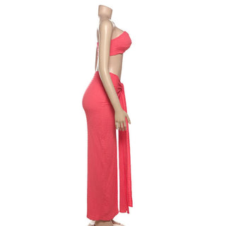 Textured knotted backless tube maxi skirt set