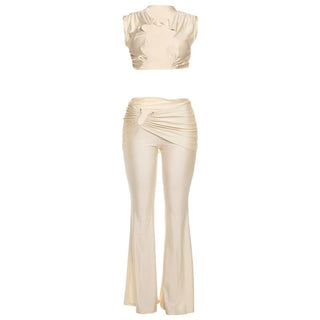 Irregular ruched hollow out solid pant set